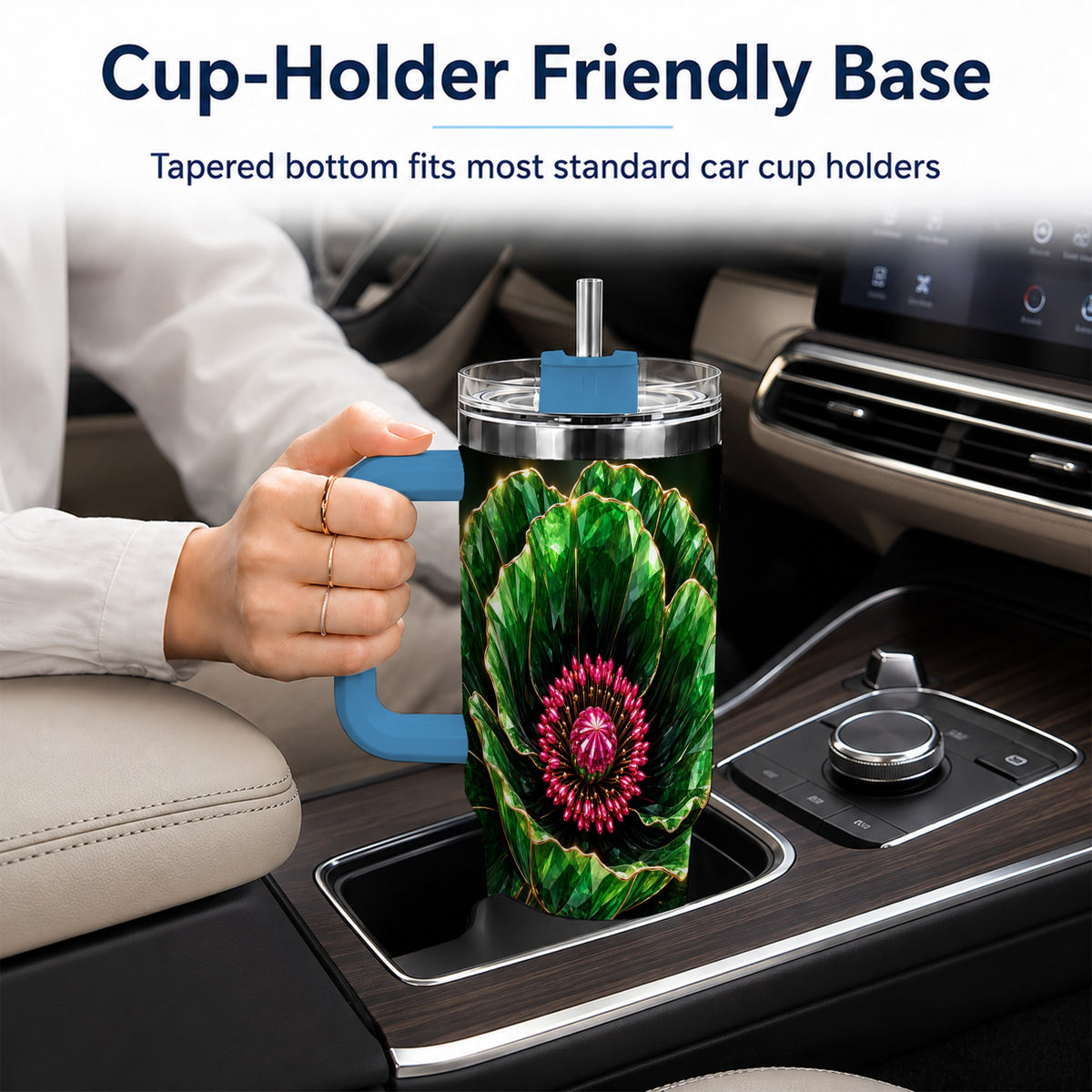 #pl[40oz|Blue] Emerald Floral 40oz Tumbler with Handle, Gemstone Style Travel Cup