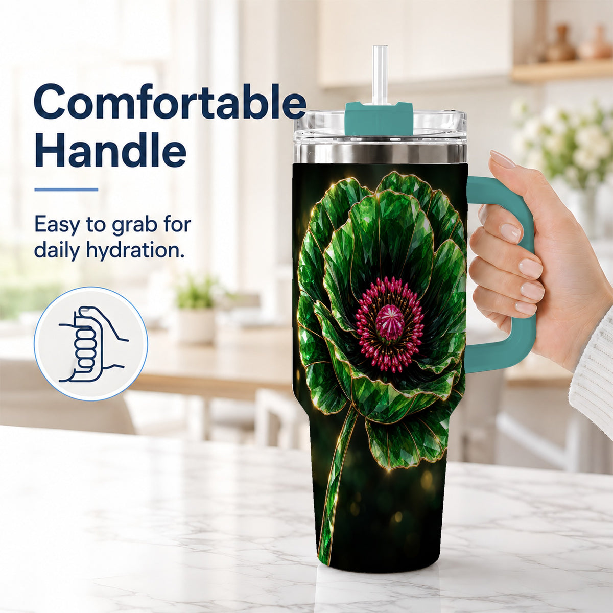 #pl[40oz|Green] Emerald Floral 40oz Tumbler with Handle, Gemstone Style Travel Cup