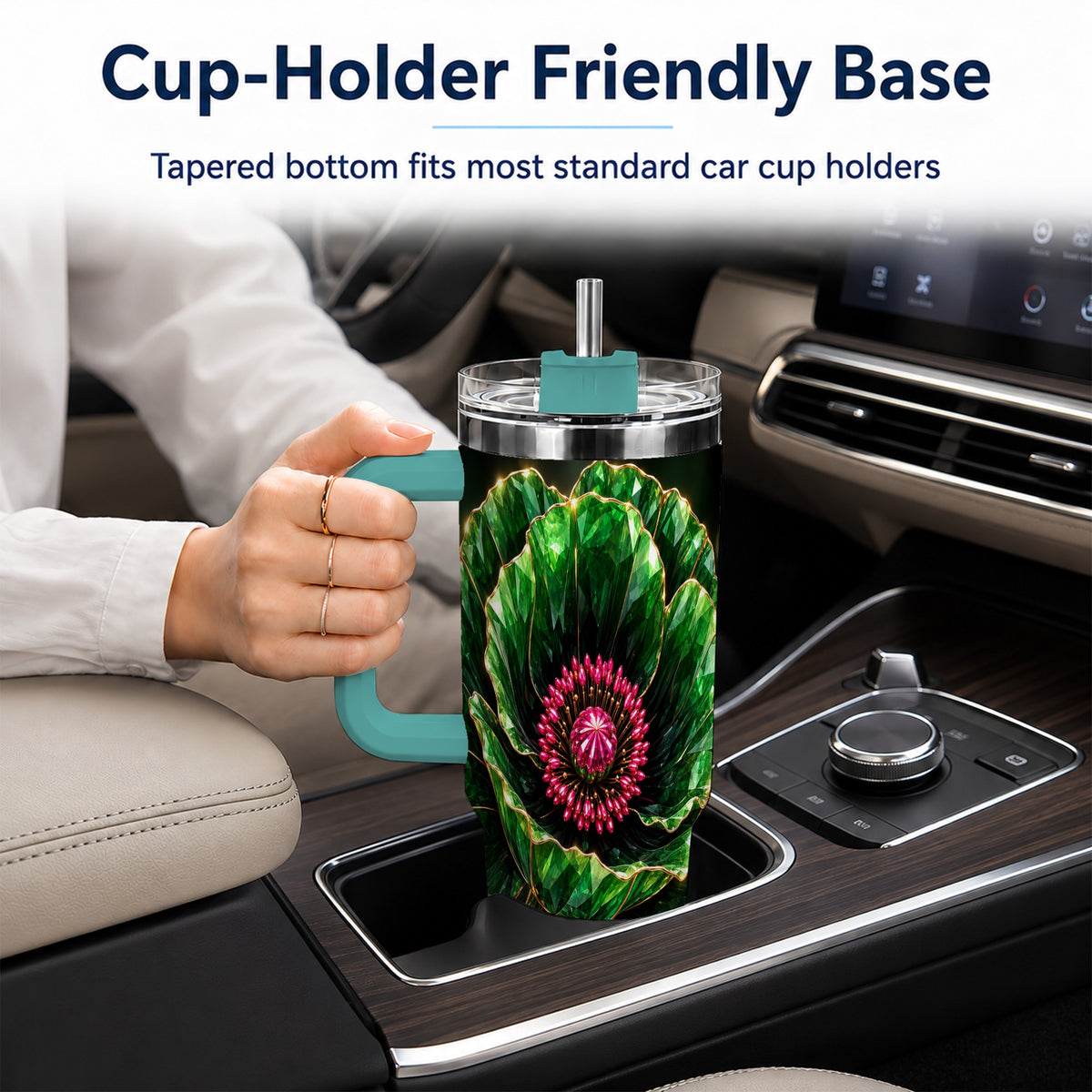 #pl[40oz|Green] Emerald Floral 40oz Tumbler with Handle, Gemstone Style Travel Cup