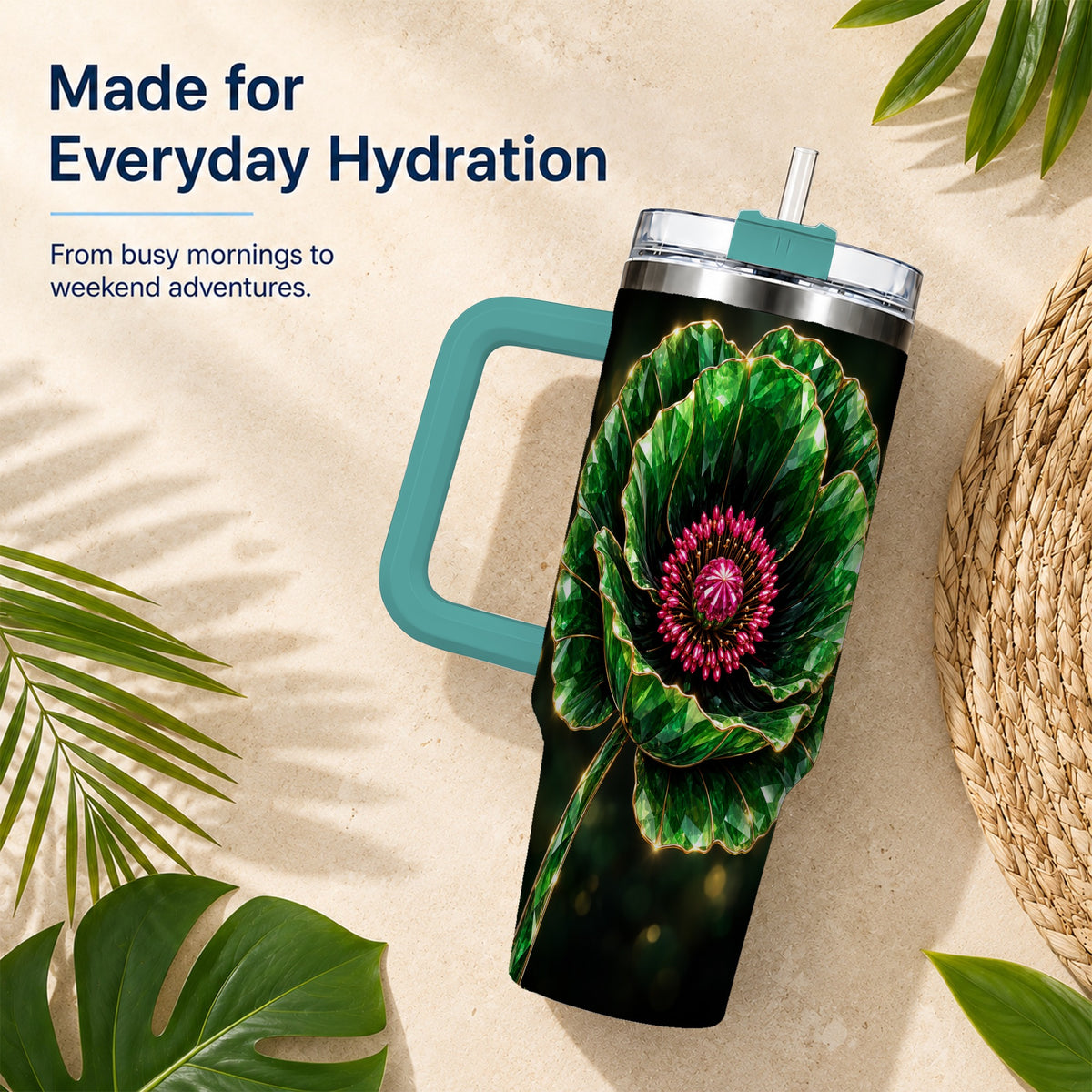#pl[40oz|Green] Emerald Floral 40oz Tumbler with Handle, Gemstone Style Travel Cup