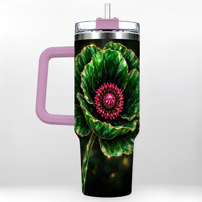 #pl[40oz|Pink] Emerald Floral 40oz Tumbler with Handle, Gemstone Style Travel Cup
