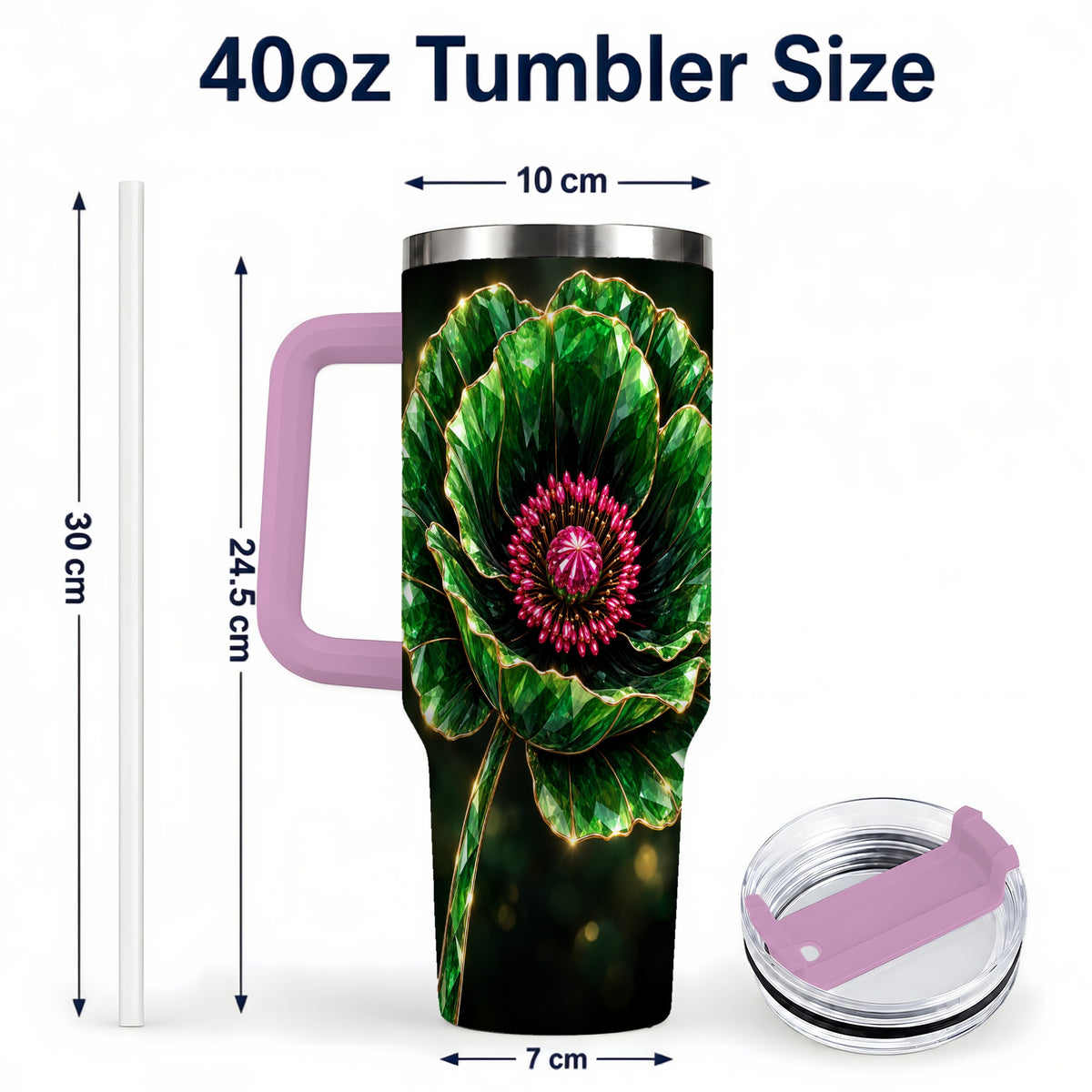 #pl[40oz|Pink] Emerald Floral 40oz Tumbler with Handle, Gemstone Style Travel Cup