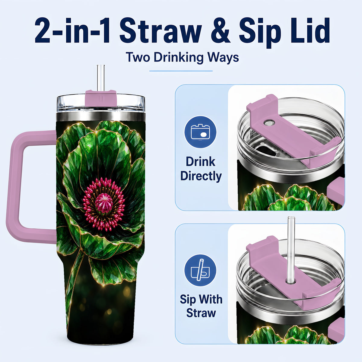 #pl[40oz|Pink] Emerald Floral 40oz Tumbler with Handle, Gemstone Style Travel Cup