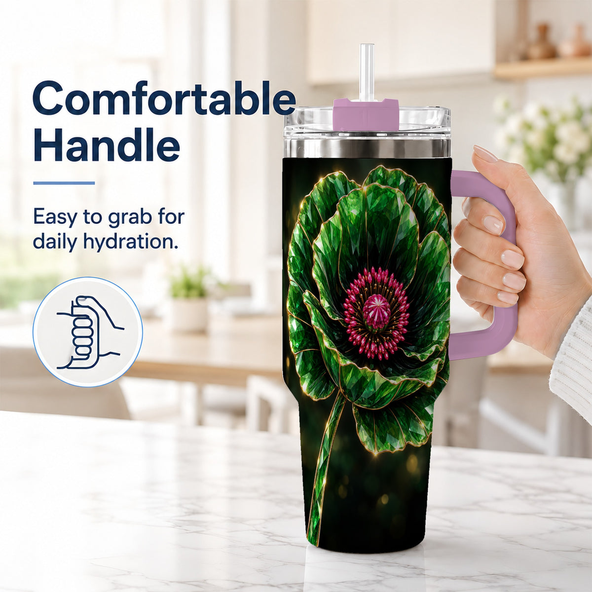 #pl[40oz|Pink] Emerald Floral 40oz Tumbler with Handle, Gemstone Style Travel Cup