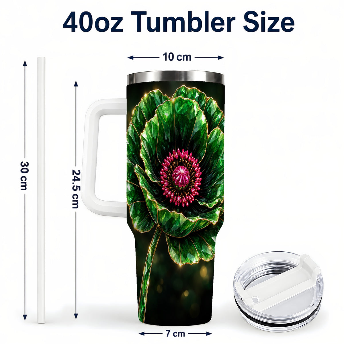 #pl[40oz|White] Emerald Floral 40oz Tumbler with Handle, Gemstone Style Travel Cup