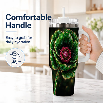 #pl[40oz|White] Emerald Floral 40oz Tumbler with Handle, Gemstone Style Travel Cup