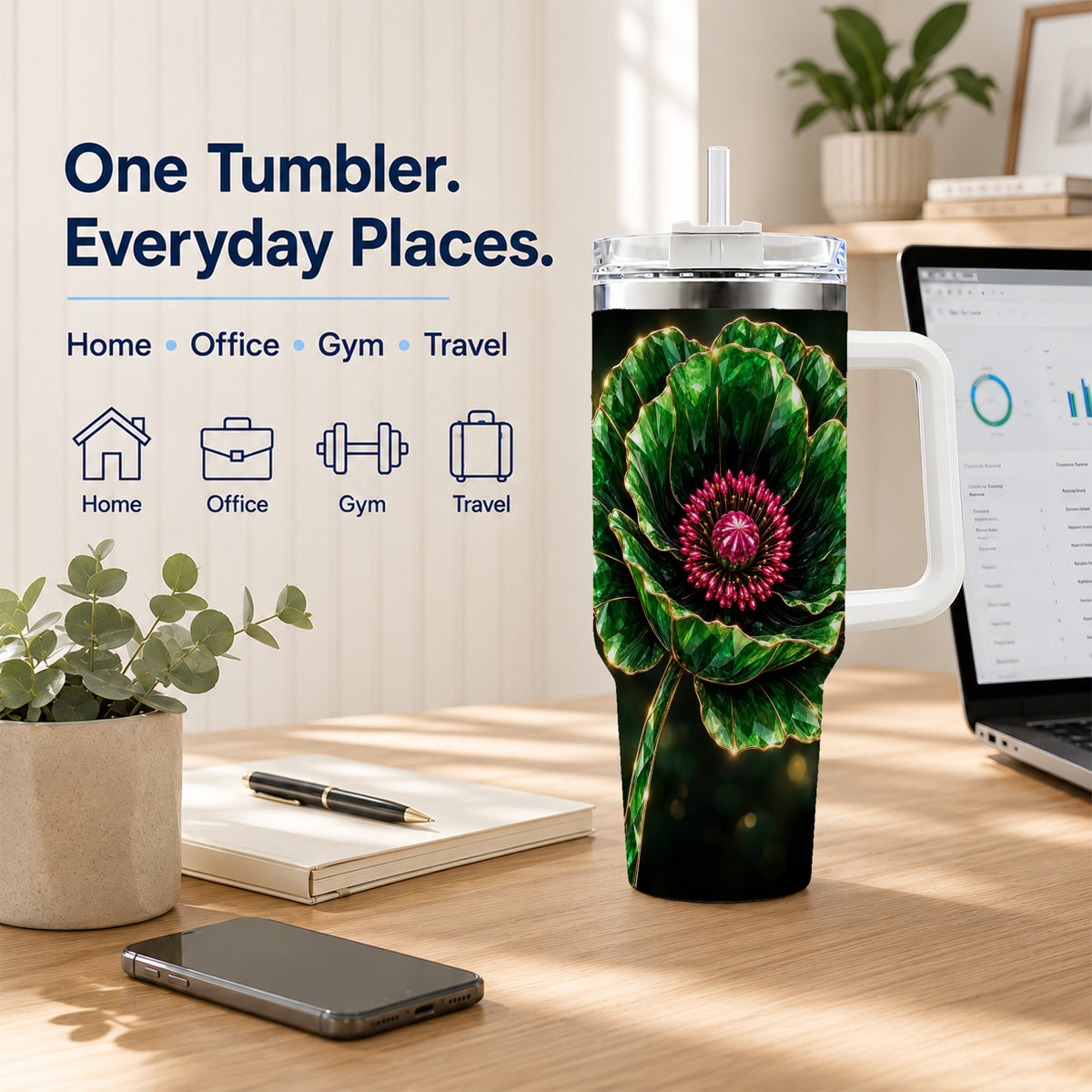 #pl[40oz|White] Emerald Floral 40oz Tumbler with Handle, Gemstone Style Travel Cup