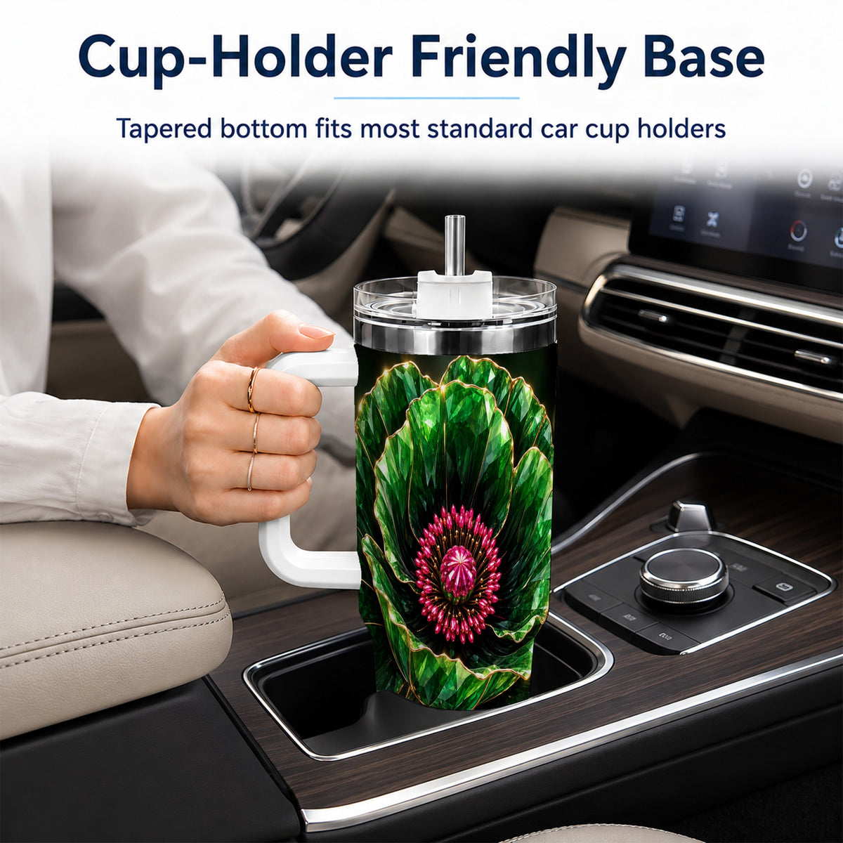 #pl[40oz|White] Emerald Floral 40oz Tumbler with Handle, Gemstone Style Travel Cup