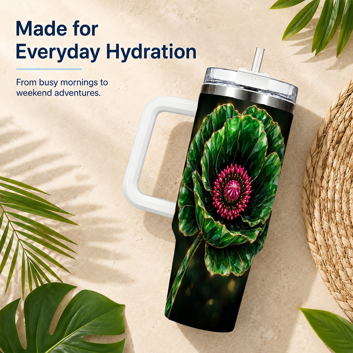 #pl[40oz|White] Emerald Floral 40oz Tumbler with Handle, Gemstone Style Travel Cup