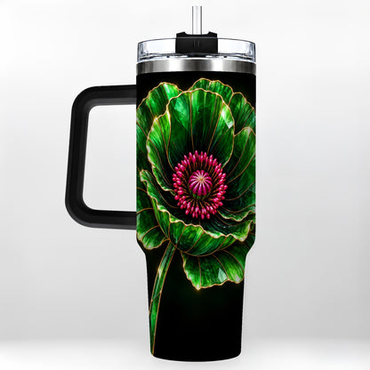 #pl[40oz|Black] Green Crystal Flower 40oz Tumbler with Handle, Botanical Travel Cup