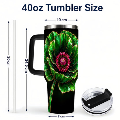 #pl[40oz|Black] Green Crystal Flower 40oz Tumbler with Handle, Botanical Travel Cup