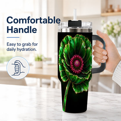 #pl[40oz|Black] Green Crystal Flower 40oz Tumbler with Handle, Botanical Travel Cup