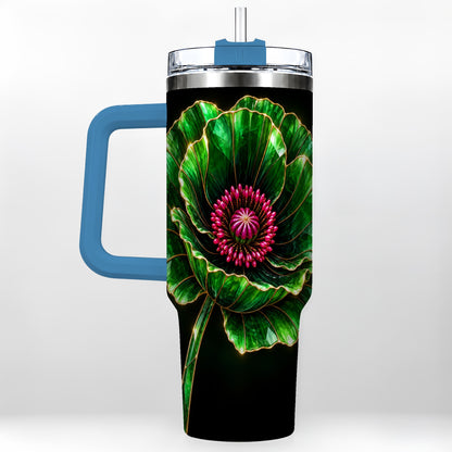 #pl[40oz|Blue] Green Crystal Flower 40oz Tumbler with Handle, Botanical Travel Cup