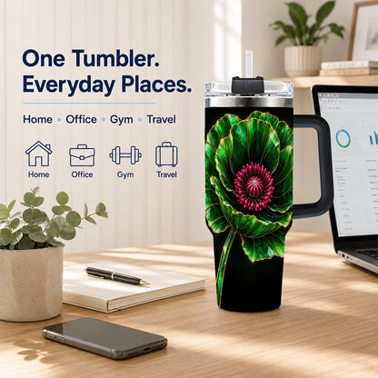 #pl[40oz|Black] Green Crystal Flower 40oz Tumbler with Handle, Botanical Travel Cup
