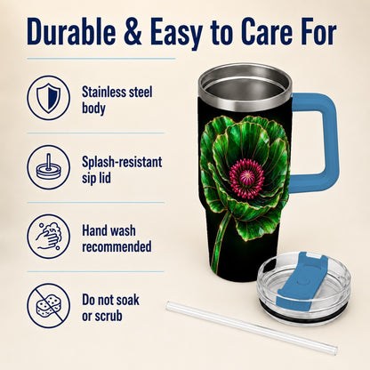 #pl[40oz|Blue] Green Crystal Flower 40oz Tumbler with Handle, Botanical Travel Cup