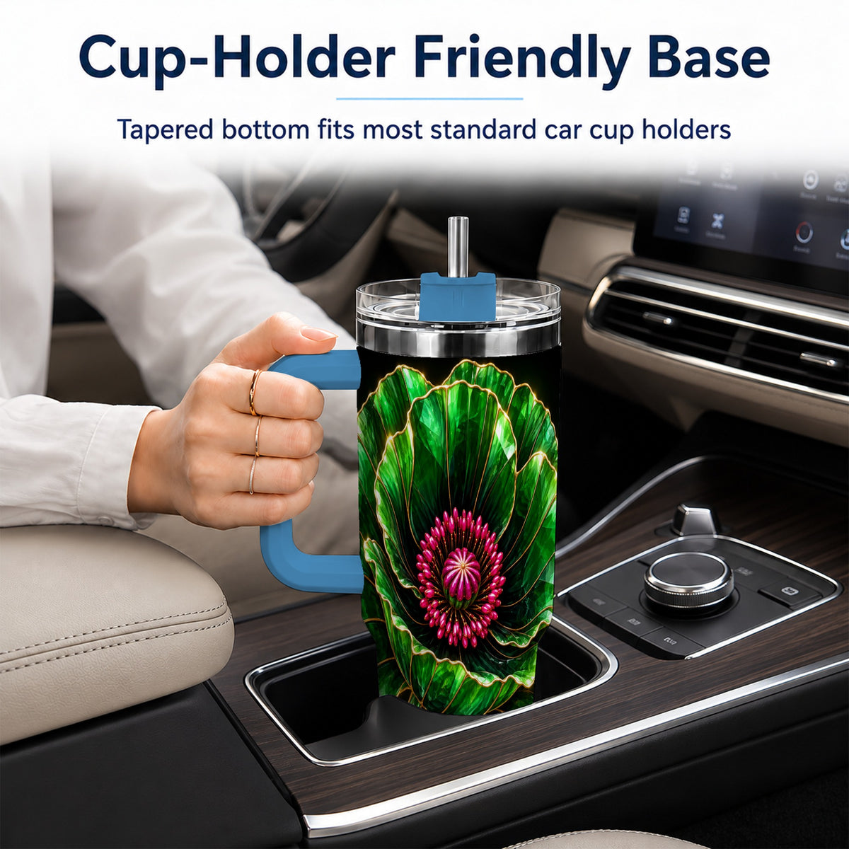 #pl[40oz|Blue] Green Crystal Flower 40oz Tumbler with Handle, Botanical Travel Cup