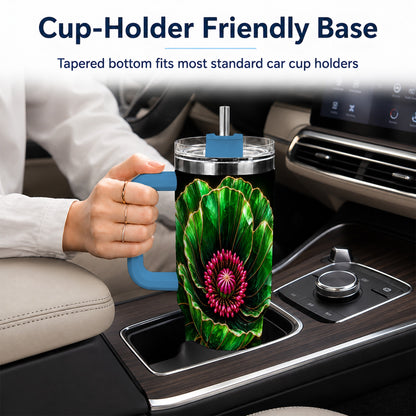 #pl[40oz|Blue] Green Crystal Flower 40oz Tumbler with Handle, Botanical Travel Cup