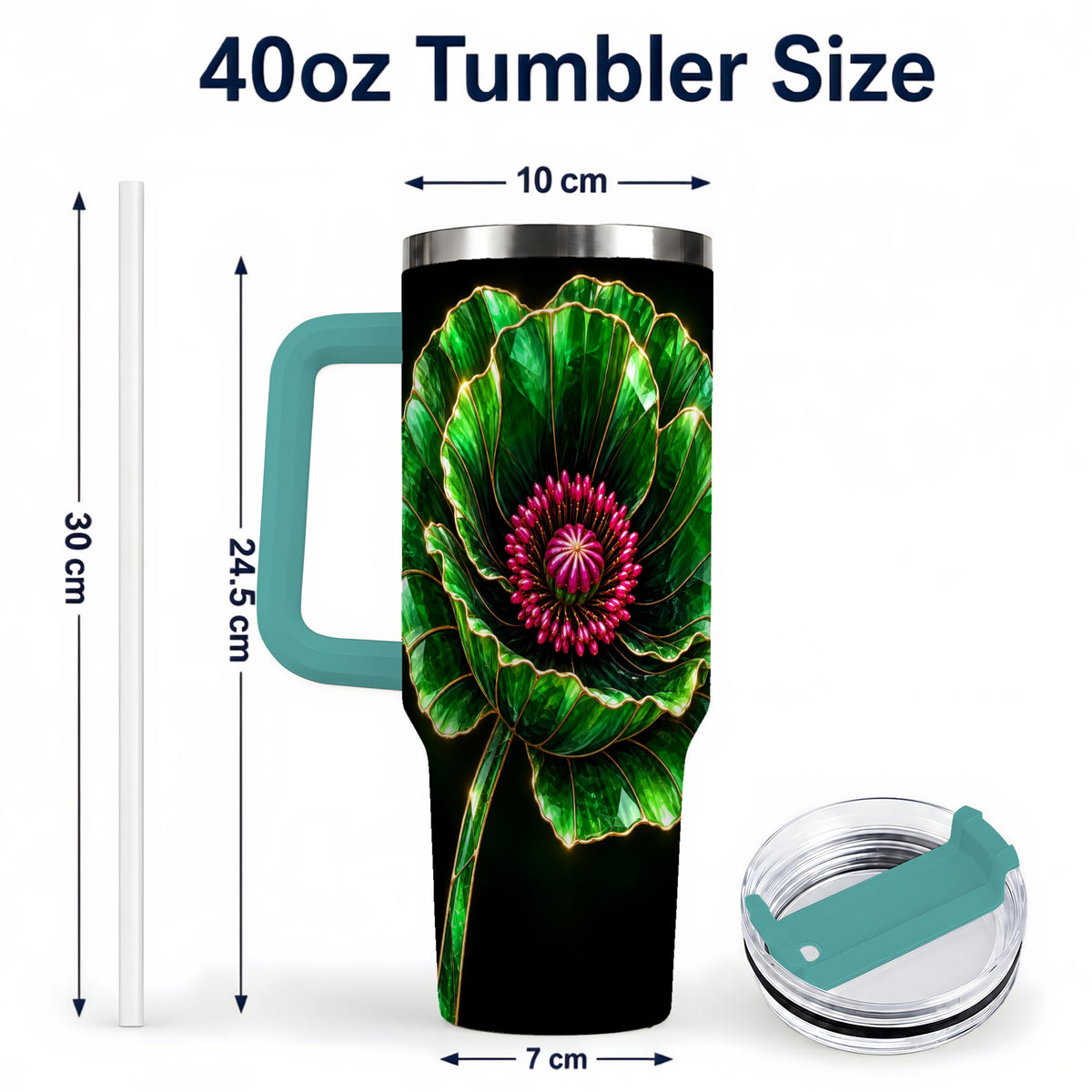 #pl[40oz|Green] Green Crystal Flower 40oz Tumbler with Handle, Botanical Travel Cup