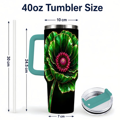 #pl[40oz|Green] Green Crystal Flower 40oz Tumbler with Handle, Botanical Travel Cup