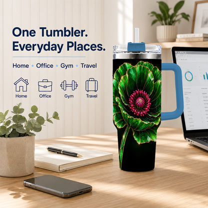 #pl[40oz|Blue] Green Crystal Flower 40oz Tumbler with Handle, Botanical Travel Cup