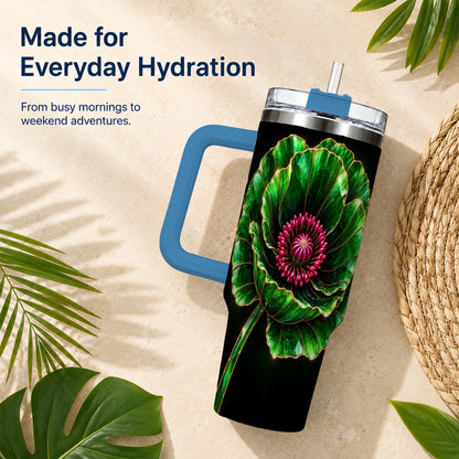 #pl[40oz|Blue] Green Crystal Flower 40oz Tumbler with Handle, Botanical Travel Cup
