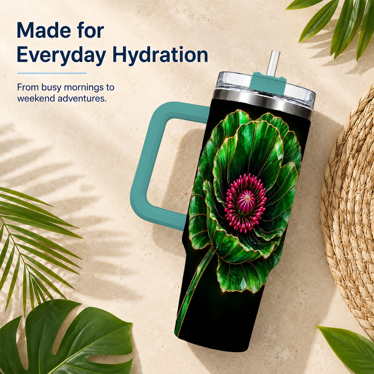 #pl[40oz|Green] Green Crystal Flower 40oz Tumbler with Handle, Botanical Travel Cup