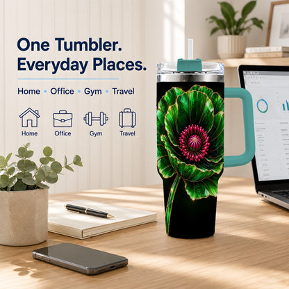 #pl[40oz|Green] Green Crystal Flower 40oz Tumbler with Handle, Botanical Travel Cup