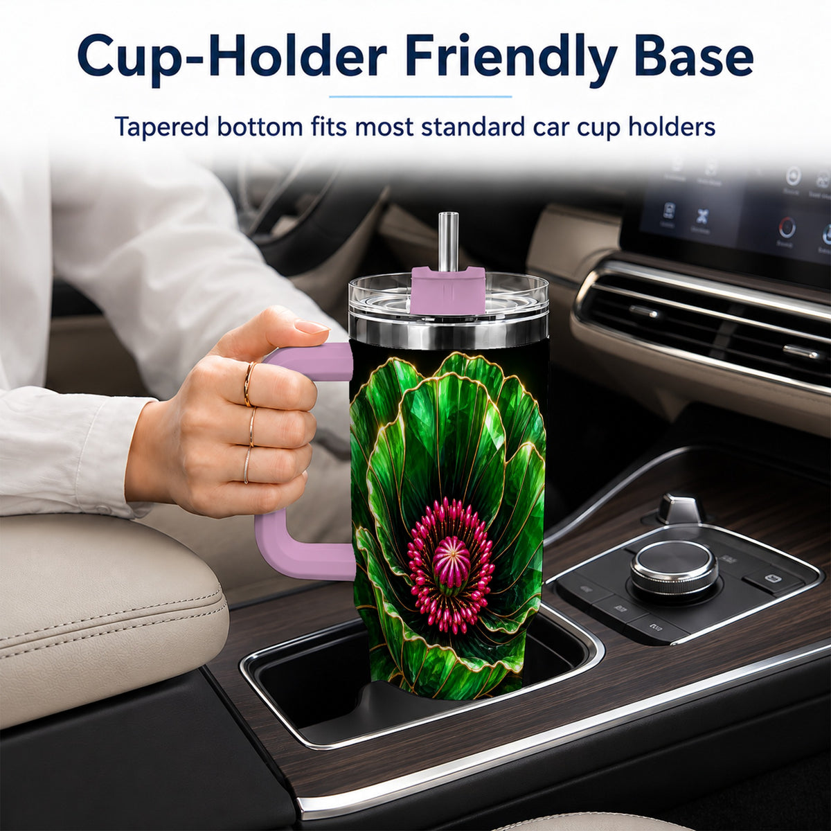 #pl[40oz|Pink] Green Crystal Flower 40oz Tumbler with Handle, Botanical Travel Cup