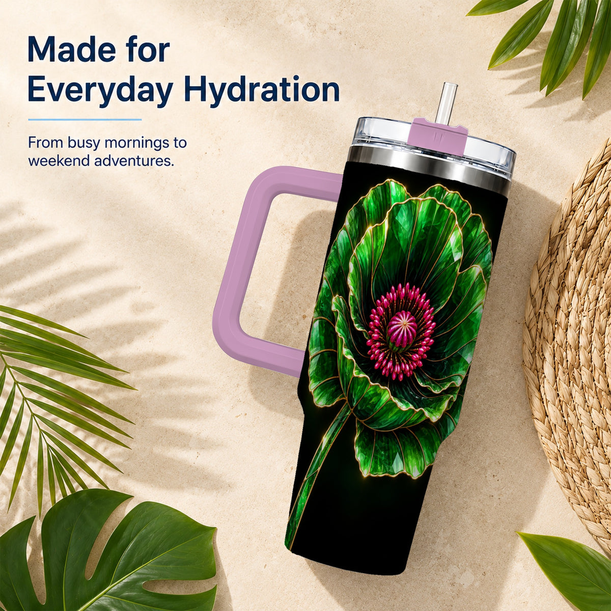 #pl[40oz|Pink] Green Crystal Flower 40oz Tumbler with Handle, Botanical Travel Cup