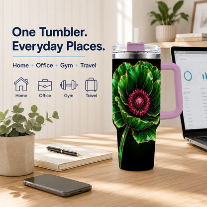 #pl[40oz|Pink] Green Crystal Flower 40oz Tumbler with Handle, Botanical Travel Cup