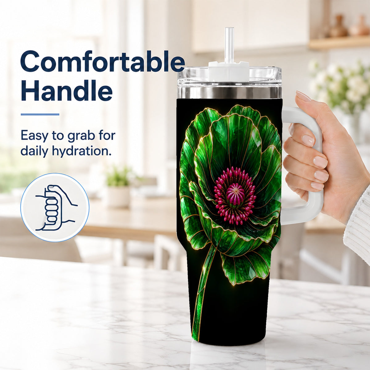 #pl[40oz|White] Green Crystal Flower 40oz Tumbler with Handle, Botanical Travel Cup