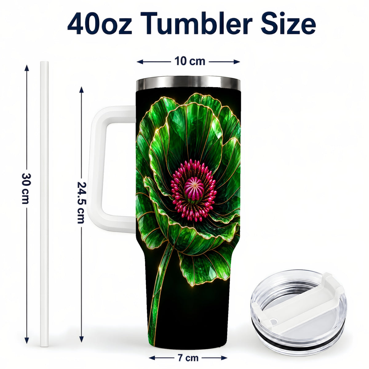 #pl[40oz|White] Green Crystal Flower 40oz Tumbler with Handle, Botanical Travel Cup