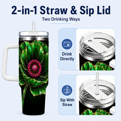 #pl[40oz|White] Green Crystal Flower 40oz Tumbler with Handle, Botanical Travel Cup