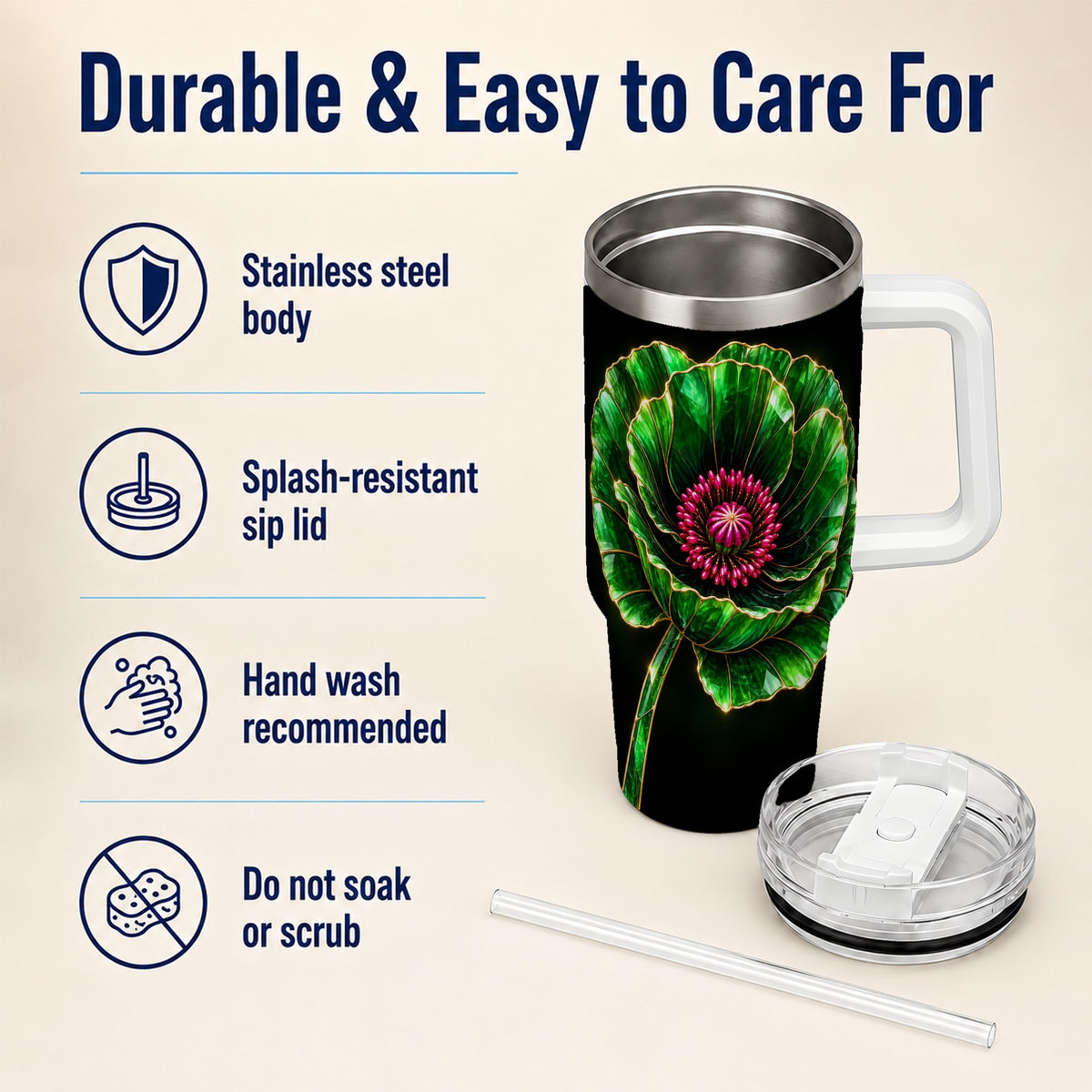 #pl[40oz|White] Green Crystal Flower 40oz Tumbler with Handle, Botanical Travel Cup
