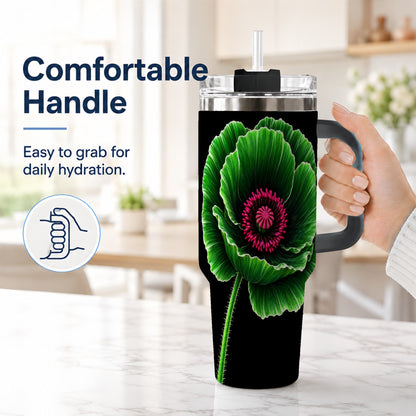#pl[40oz|Black] Green Poppy 40oz Tumbler with Handle, Botanical Flower Travel Cup