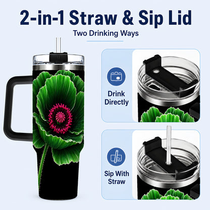 #pl[40oz|Black] Green Poppy 40oz Tumbler with Handle, Botanical Flower Travel Cup