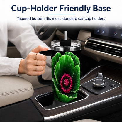#pl[40oz|Black] Green Poppy 40oz Tumbler with Handle, Botanical Flower Travel Cup