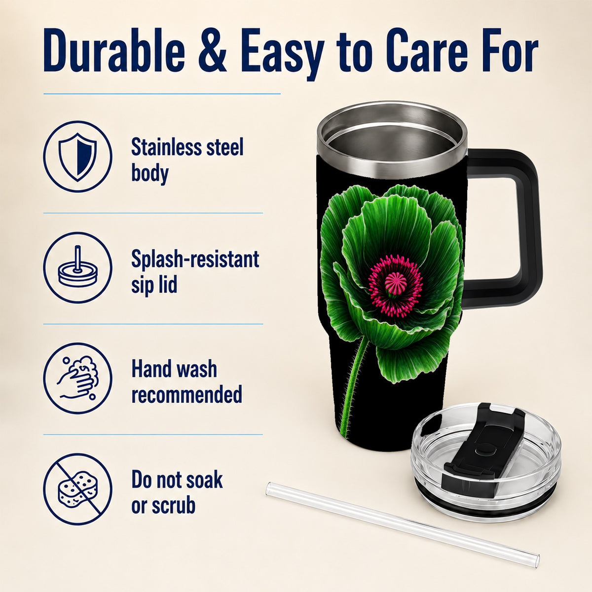#pl[40oz|Black] Green Poppy 40oz Tumbler with Handle, Botanical Flower Travel Cup