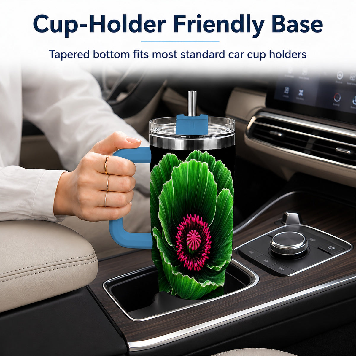 #pl[40oz|Blue] Green Poppy 40oz Tumbler with Handle, Botanical Flower Travel Cup