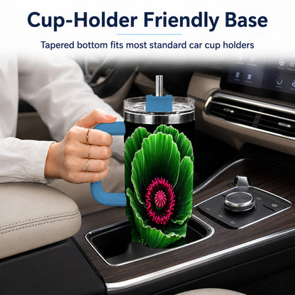 #pl[40oz|Blue] Green Poppy 40oz Tumbler with Handle, Botanical Flower Travel Cup