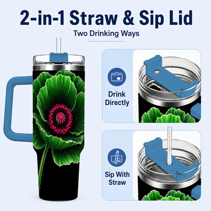 #pl[40oz|Blue] Green Poppy 40oz Tumbler with Handle, Botanical Flower Travel Cup