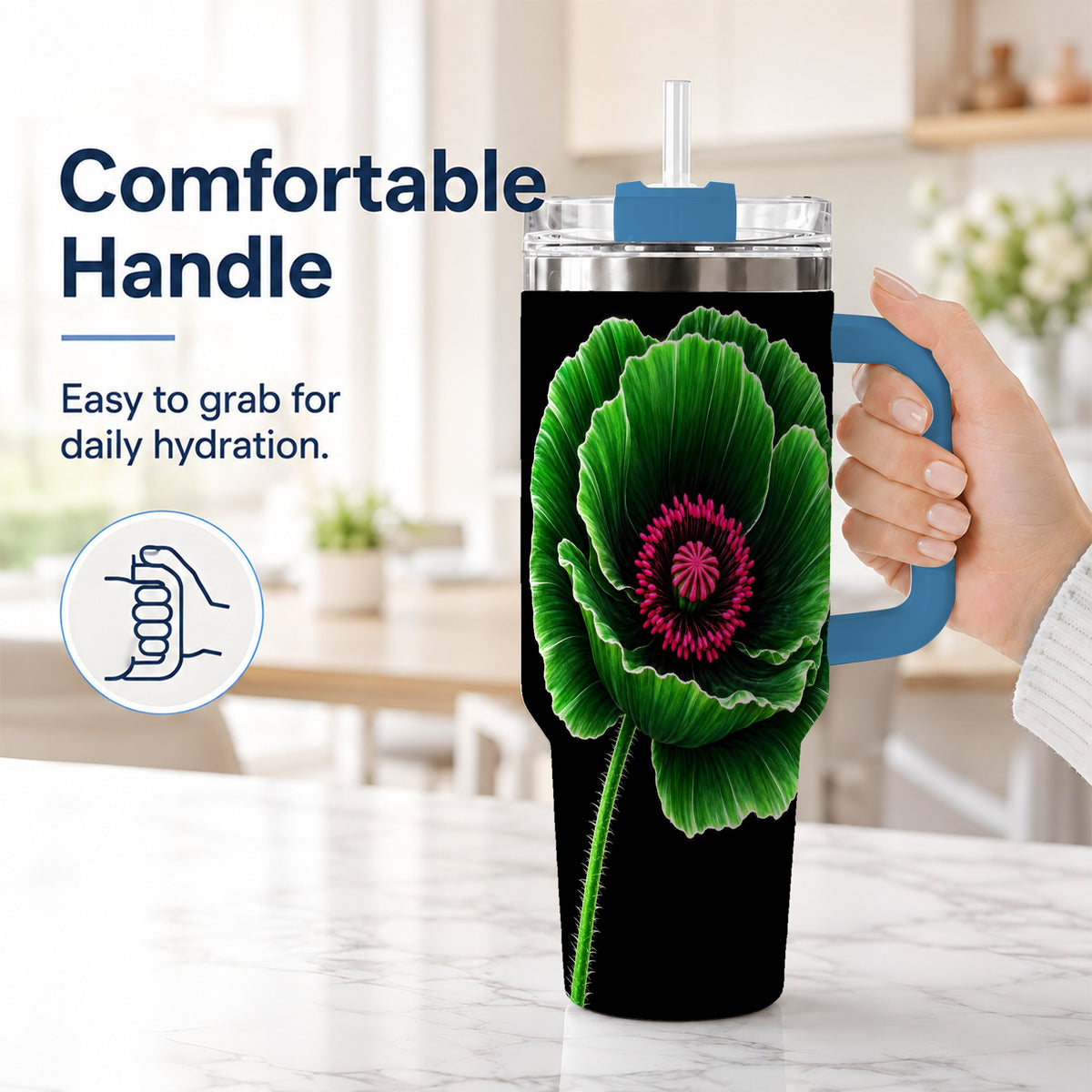 #pl[40oz|Blue] Green Poppy 40oz Tumbler with Handle, Botanical Flower Travel Cup