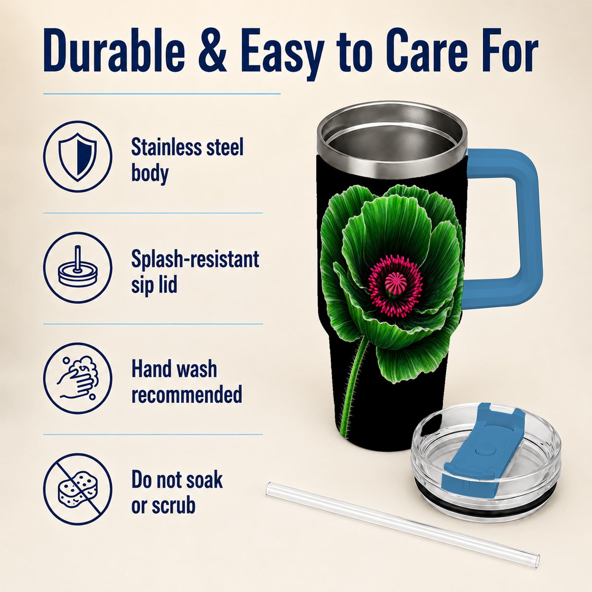 #pl[40oz|Blue] Green Poppy 40oz Tumbler with Handle, Botanical Flower Travel Cup