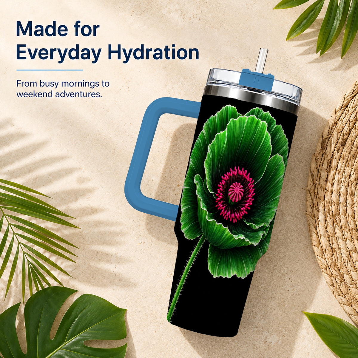 #pl[40oz|Blue] Green Poppy 40oz Tumbler with Handle, Botanical Flower Travel Cup