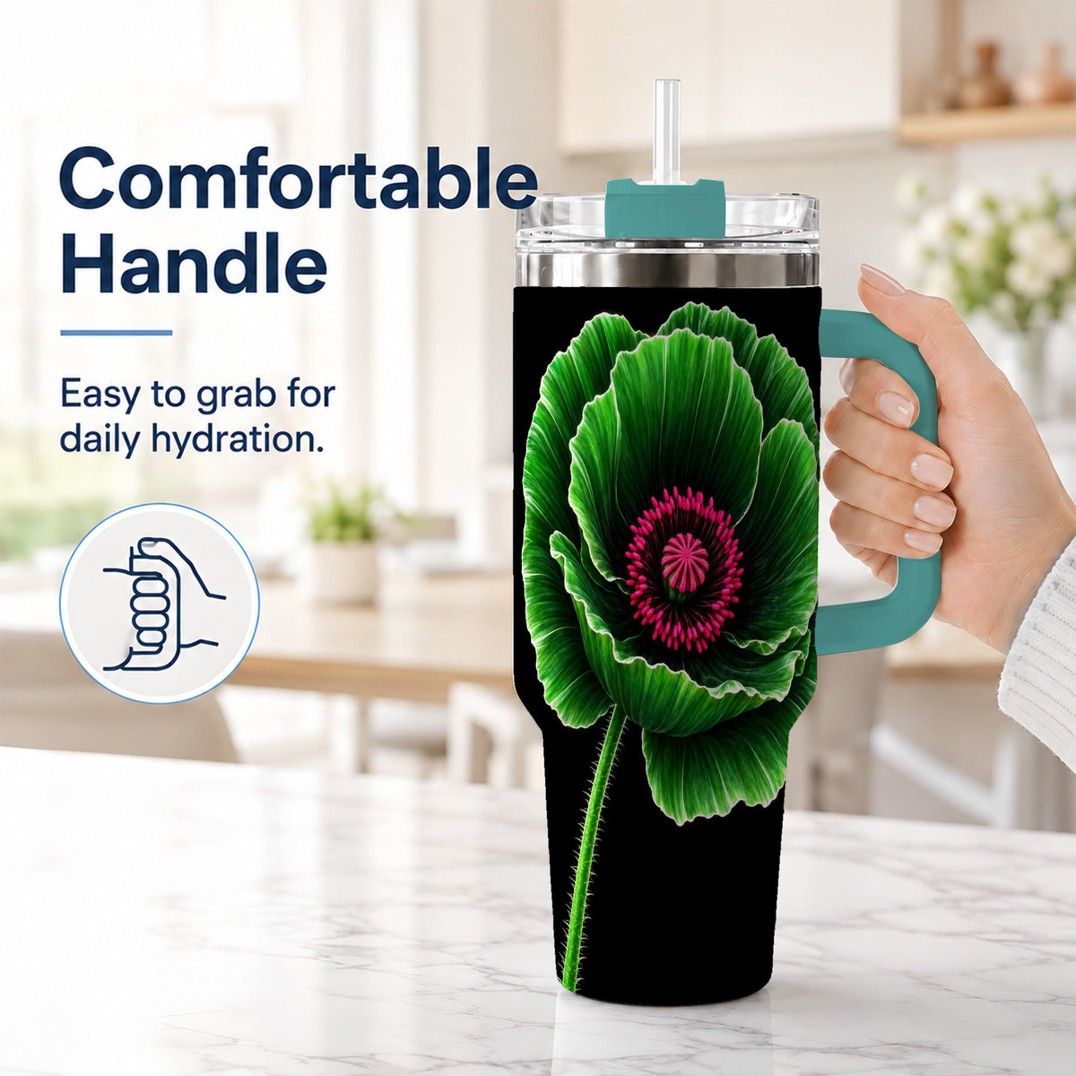 #pl[40oz|Green] Green Poppy 40oz Tumbler with Handle, Botanical Flower Travel Cup