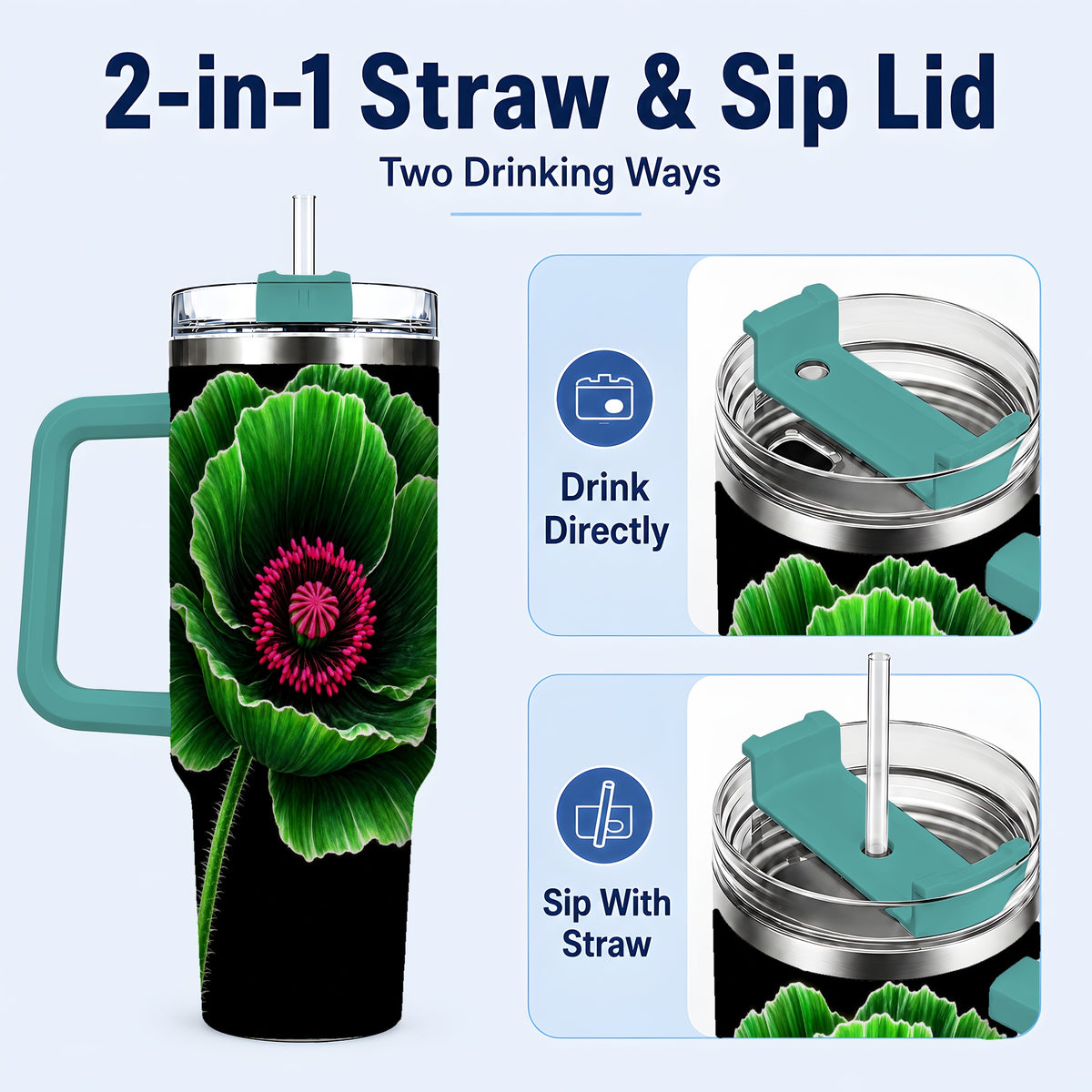 #pl[40oz|Green] Green Poppy 40oz Tumbler with Handle, Botanical Flower Travel Cup