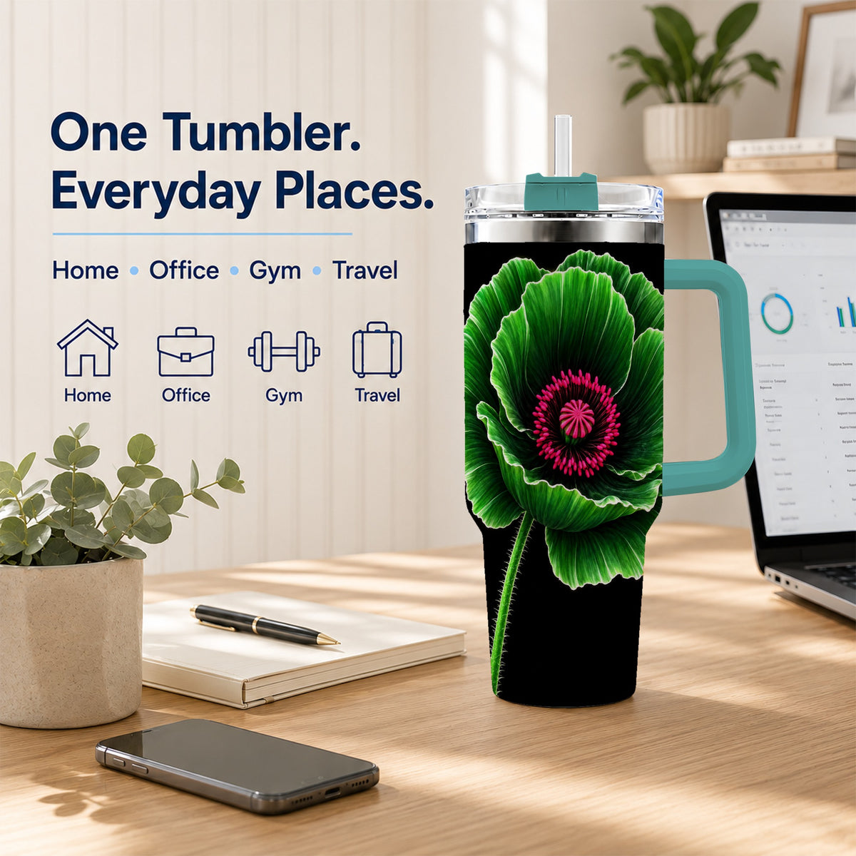 #pl[40oz|Green] Green Poppy 40oz Tumbler with Handle, Botanical Flower Travel Cup