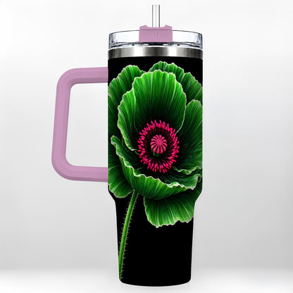 #pl[40oz|Pink] Green Poppy 40oz Tumbler with Handle, Botanical Flower Travel Cup