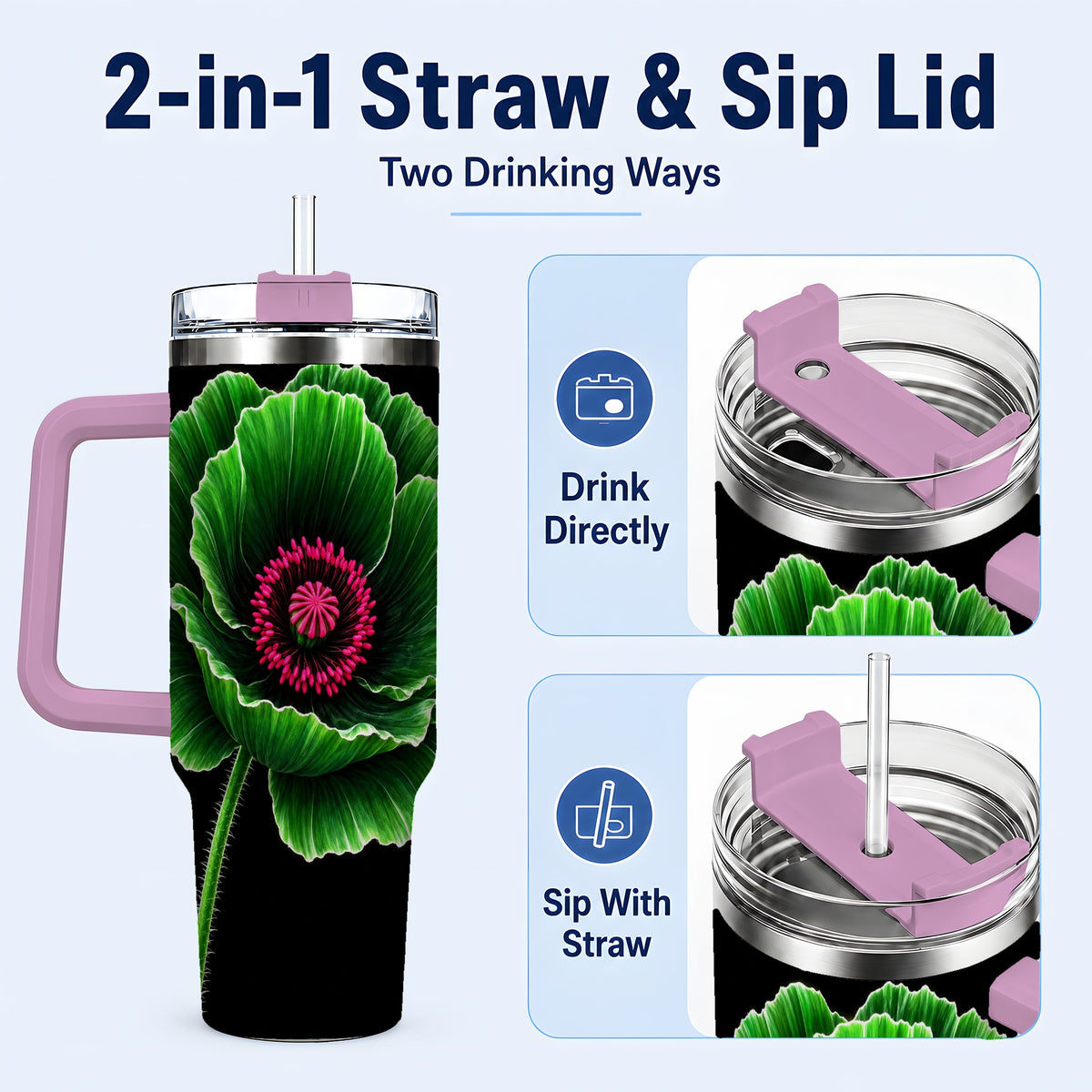#pl[40oz|Pink] Green Poppy 40oz Tumbler with Handle, Botanical Flower Travel Cup