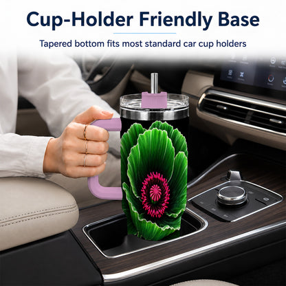 #pl[40oz|Pink] Green Poppy 40oz Tumbler with Handle, Botanical Flower Travel Cup